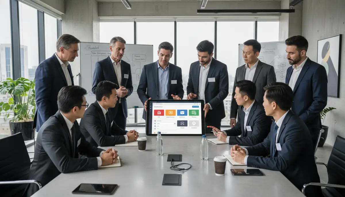 A diverse team of business professionals and Odoo consultants collaborating around a tablet showing Odoo interface, discussing custom solutions in a modern office setting.
