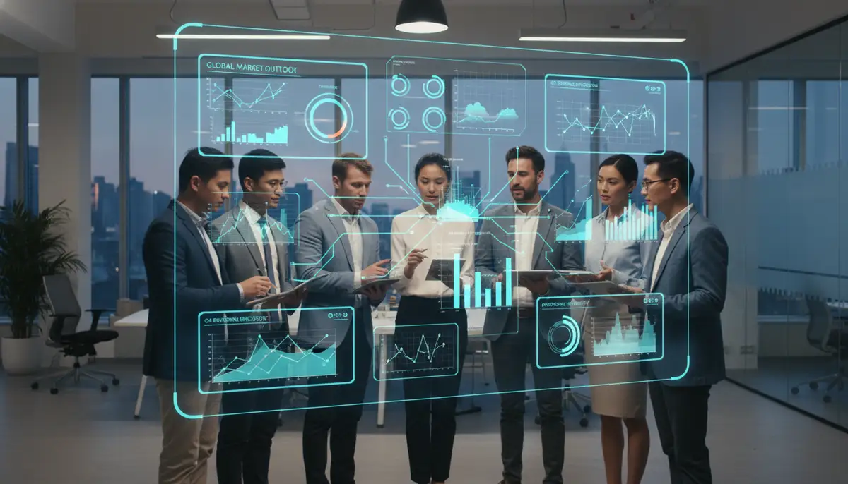 A diverse team of business professionals collaborating around a large digital dashboard displaying various forecast charts and data visualizations, with a modern office background.