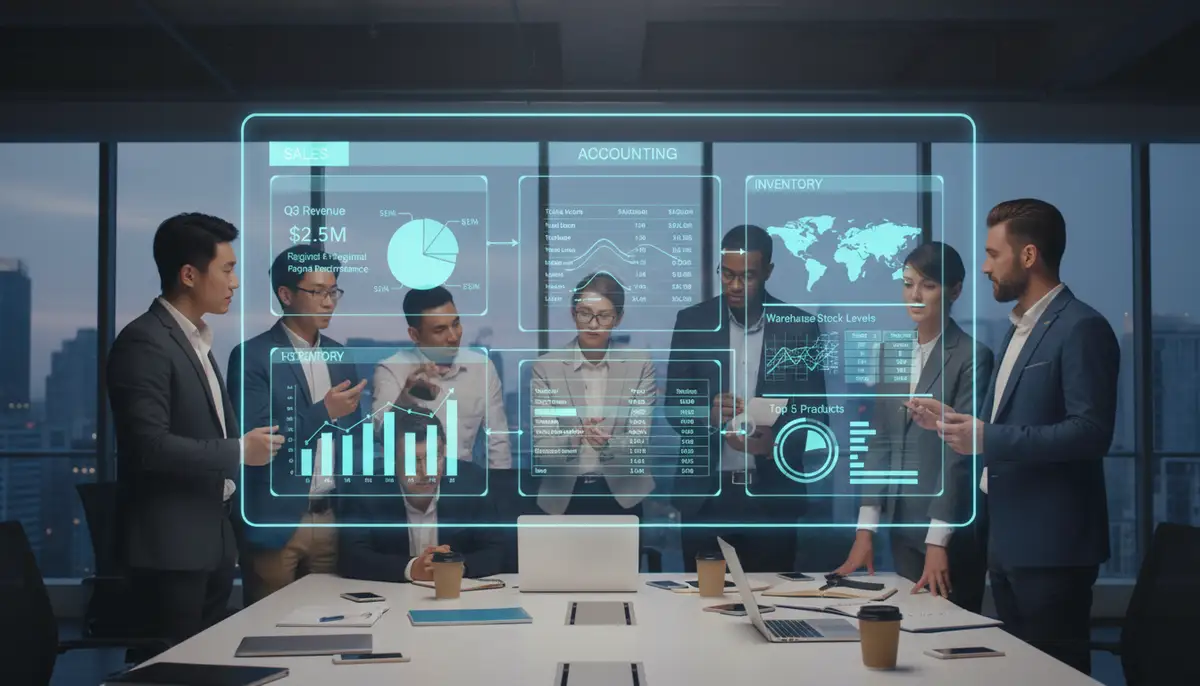 A diverse team of business professionals collaborating around a large digital screen displaying an integrated ERP dashboard with various modules like sales, accounting, and inventory, illustrating seamless operations.