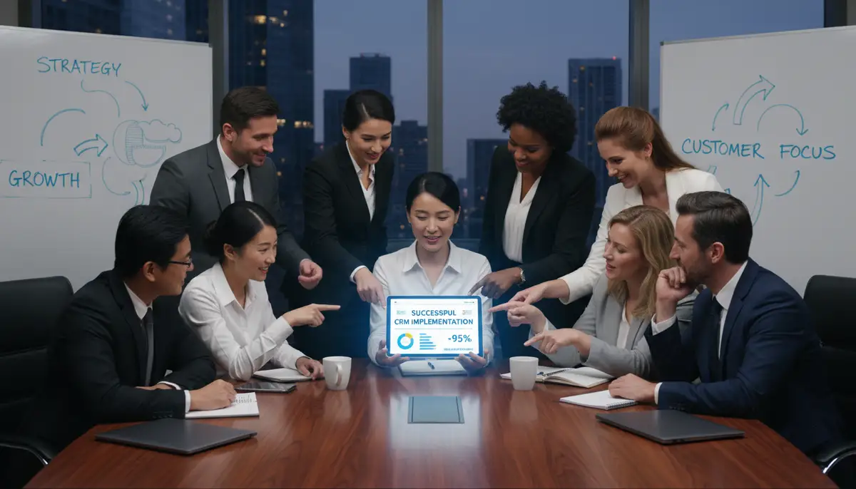 A diverse team of business professionals collaborating around a table, looking at a tablet displaying CRM data, symbolizing successful CRM implementation and user adoption.