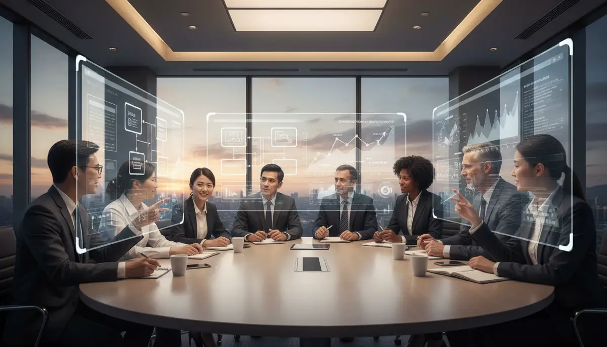 A diverse team of business professionals collaborating around a table, looking at data on screens, symbolizing successful ERP implementation and strategic decision-making.