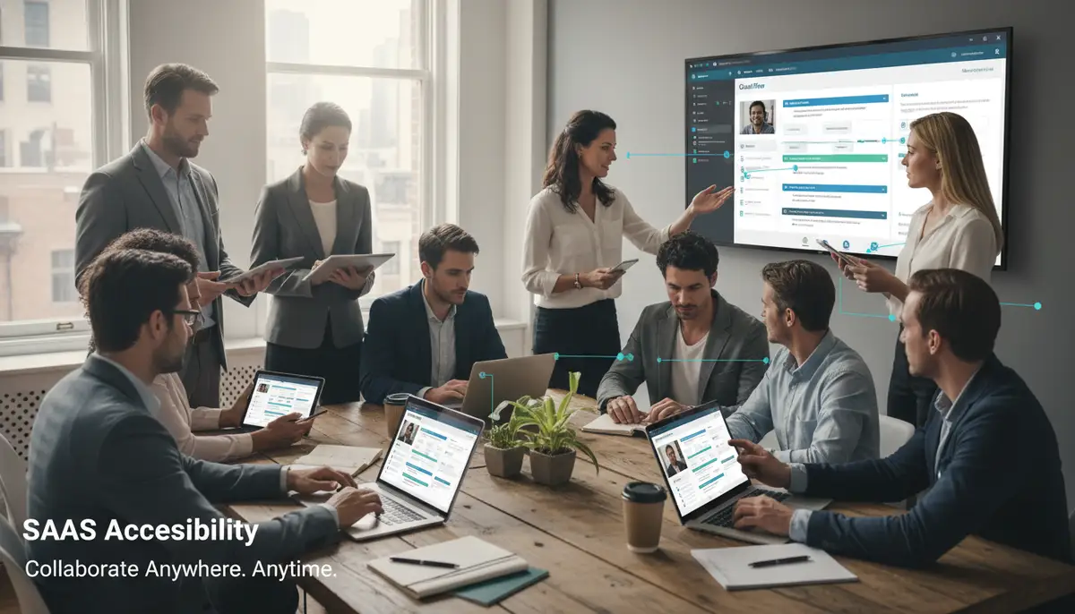 A diverse team of business professionals collaborating seamlessly using a cloud-based software interface on various devices, representing SaaS accessibility.