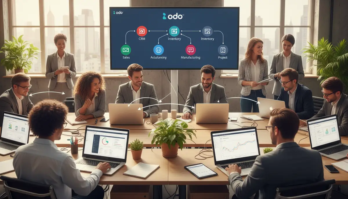 A diverse team of business professionals collaborating seamlessly using a unified digital platform, showcasing Odoo's integrated modules on screens.