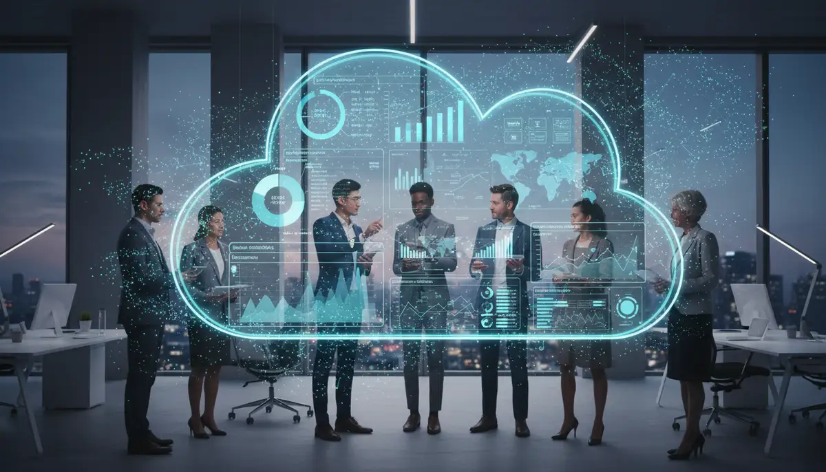 A diverse team of business professionals collaboratively analyzing data on a large, futuristic cloud-based dashboard, representing modern ERP software.