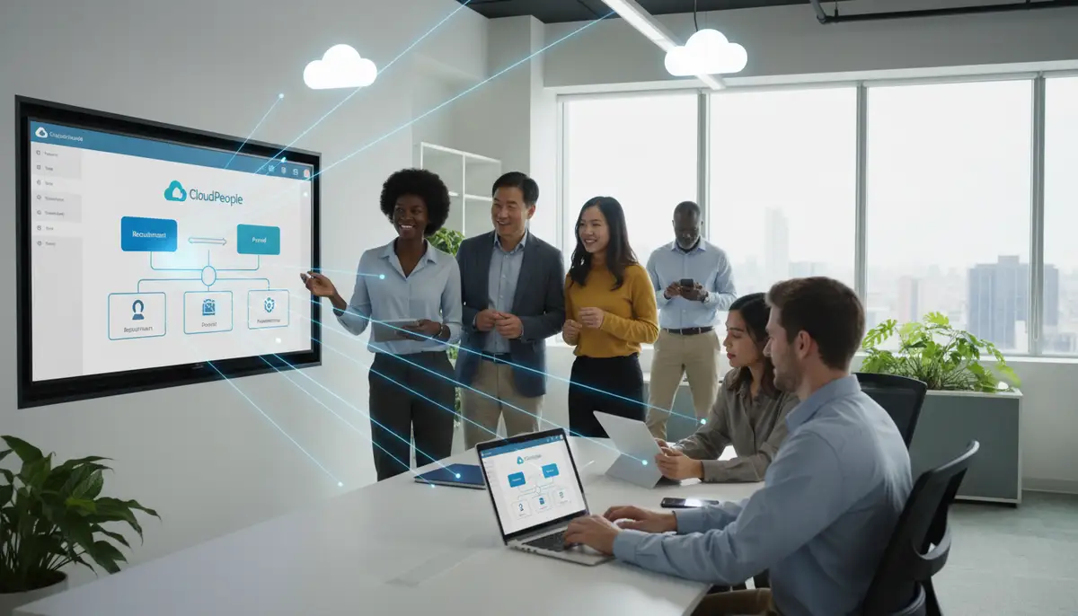A diverse team of employees collaborating seamlessly using a cloud-based HR system interface on various devices, with data flowing efficiently.