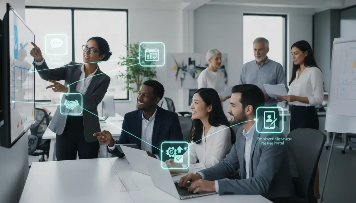 A diverse team of employees collaborating seamlessly, with digital icons floating around them representing streamlined communication and self-service features of an HRMS.