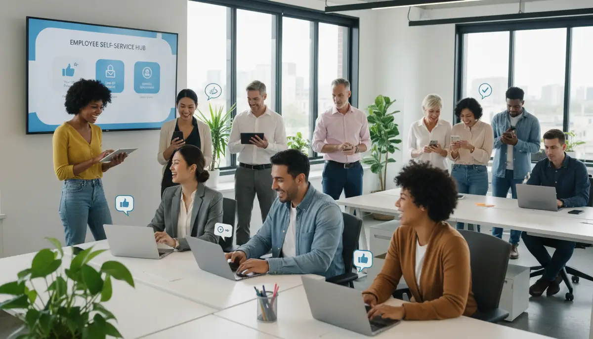 A diverse team of employees looking happy and engaged, using mobile devices and computers, representing improved employee experience and self-service portals.