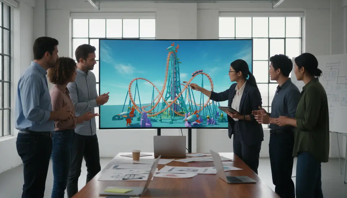 A diverse team of engineers and designers collaborating in a modern studio, looking at a 3D model of a new amusement ride on a large screen, representing the collaborative nature of an amusement ride designer's work., high-quality photography, professional lighting, sharp focus, realistic, detailed