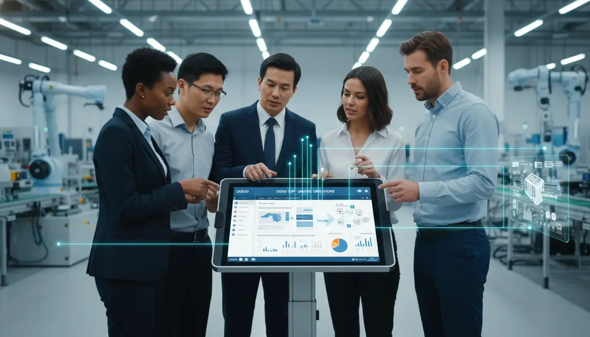 A diverse team of manufacturing professionals collaborating around a tablet showing an Odoo ERP interface, demonstrating seamless data flow.