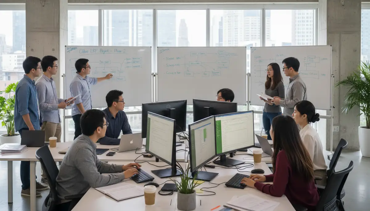 A diverse team of Odoo developers and business analysts collaborating on a complex ERP project, showing whiteboards and code on screens in a modern office.