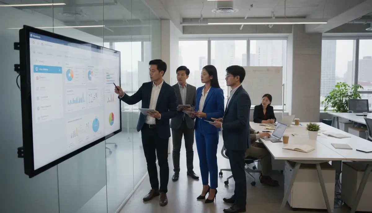 A diverse team of Odoo ERP consultants collaborating with business stakeholders in a modern office, reviewing a digital dashboard on a large screen.