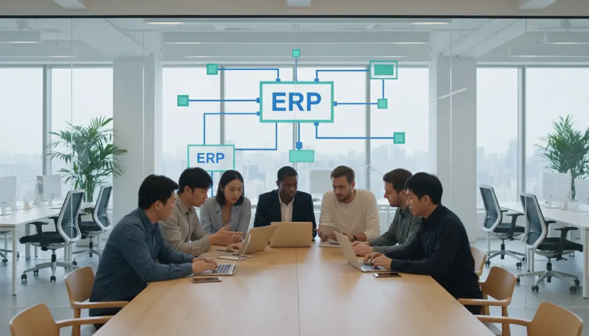A diverse team of startup employees collaboratively working on laptops and tablets, with a streamlined, modern office environment in the background, symbolizing efficient operations with an ERP system.