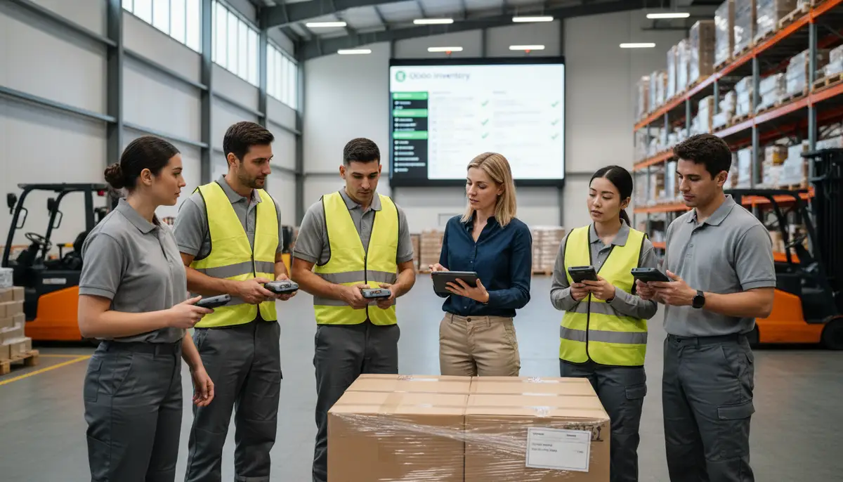 A diverse team of warehouse employees receiving training on Odoo barcode scanning equipment, with a consultant guiding them through the process.