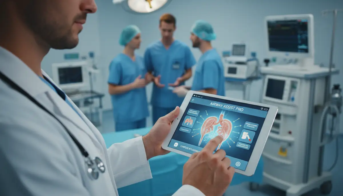 A doctor using a tablet with an airway management app, showing a complex anatomical diagram of the human airway, in a modern hospital setting with other medical professionals in the background., high-quality photography, professional lighting, sharp focus, realistic, detailed