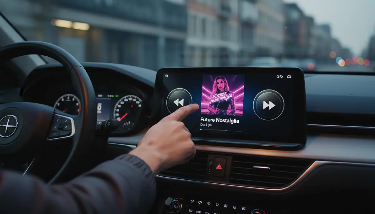 A driver interacting with a media playback android auto widget on their car's touchscreen, showing album art and skip controls, with a focus on ease of use and minimal distraction., high-quality photography, professional lighting, sharp focus, realistic, detailed