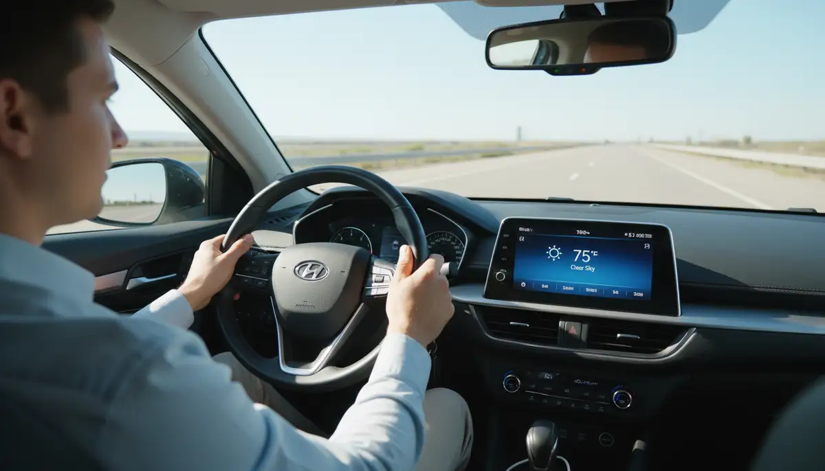 A driver safely looking at their car's Android Auto screen, which displays the android auto weather widget, with a clear blue sky and sunny road ahead, signifying preparedness., high-quality photography, professional lighting, sharp focus, realistic, detailed