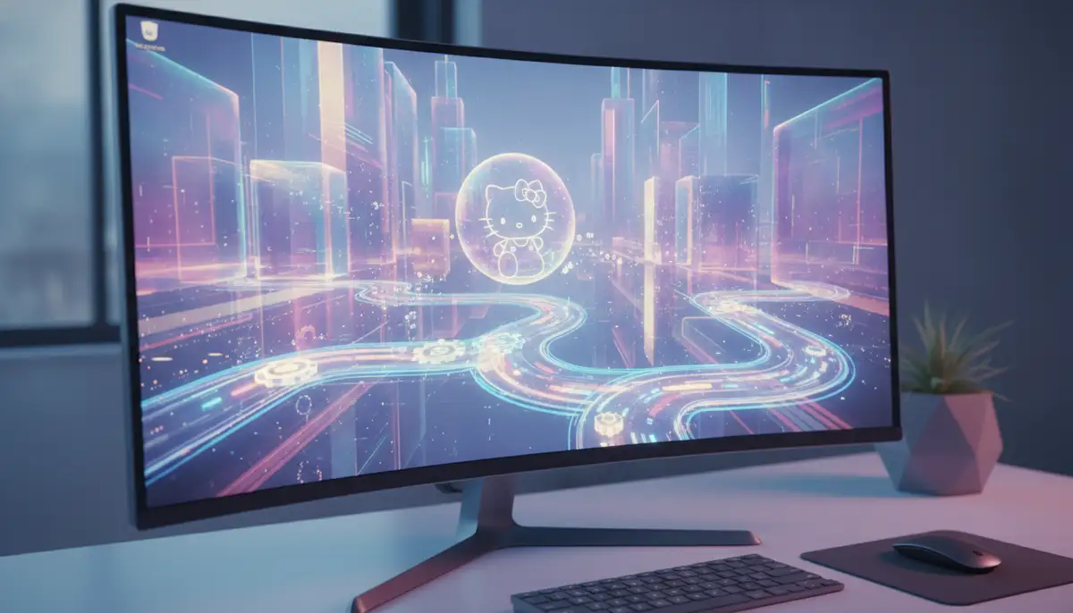 A dynamic, animated Hello Kitty desktop wallpaper with subtle movements, showcased on a high-resolution screen, illustrating future wallpaper trends., high-quality photography, professional lighting, sharp focus, realistic, detailed
