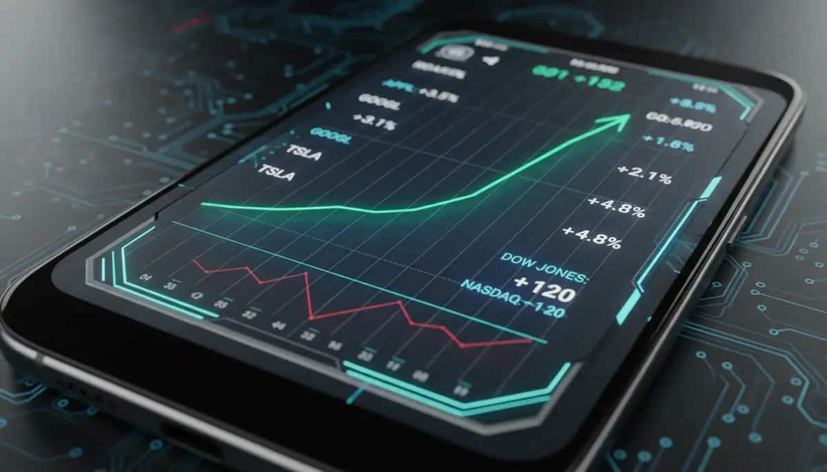 A dynamic chart on an Android stock widget showing a significant market trend, surrounded by other financial data points, futuristic and sleek design., high-quality photography, professional lighting, sharp focus, realistic, detailed