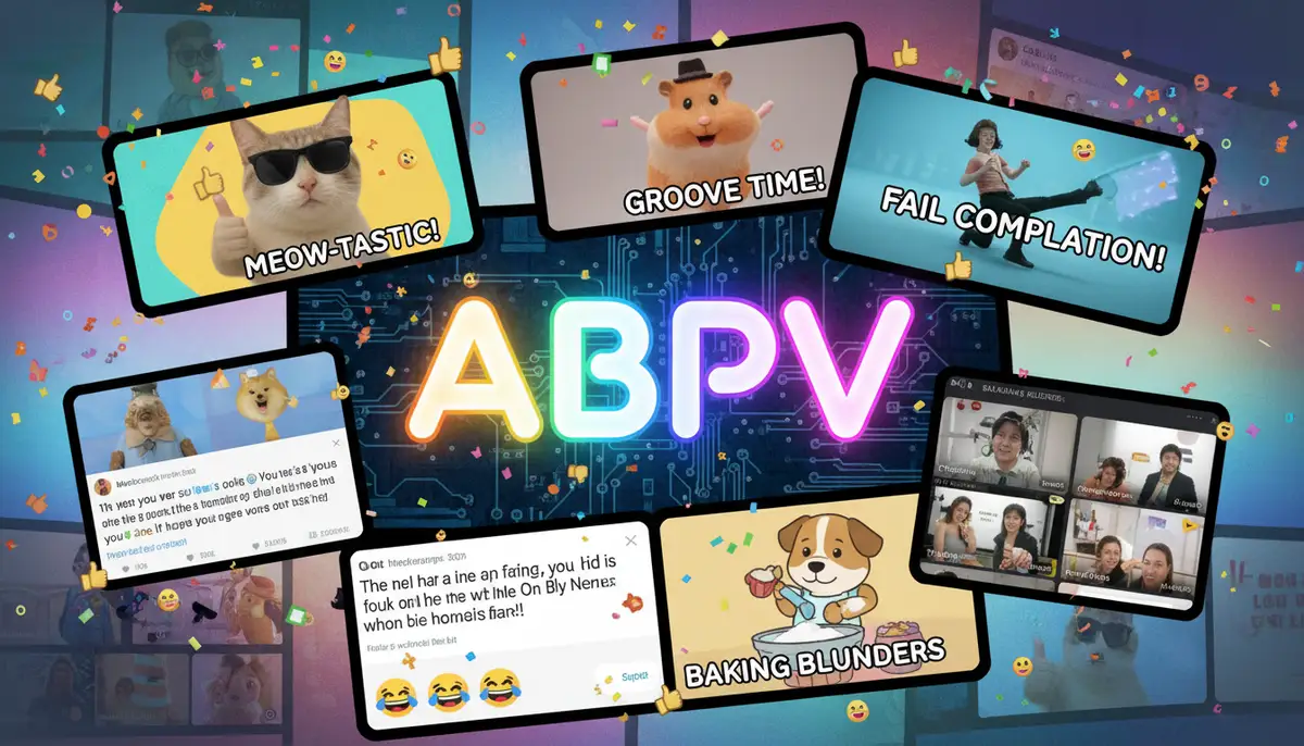 A dynamic collage of various meme styles, short video clips, and humorous images, representing the diverse content found on the ABPV app, with a playful aesthetic., high-quality photography, professional lighting, sharp focus, realistic, detailed