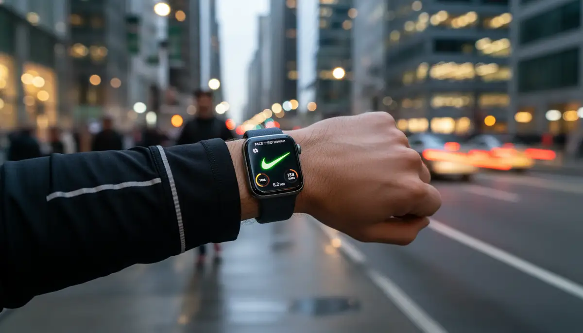A dynamic image of a person jogging with their Apple Watch Nike, showing the watch face with exclusive Nike complications and a blurred background of a city street., high-quality photography, professional lighting, sharp focus, realistic, detailed