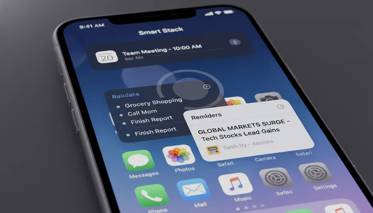 A dynamic image of an iPhone home screen showcasing a Smart Stack widget rotating through different information, like calendar events, reminders, and news headlines, demonstrating efficiency., high-quality photography, professional lighting, sharp focus, realistic, detailed