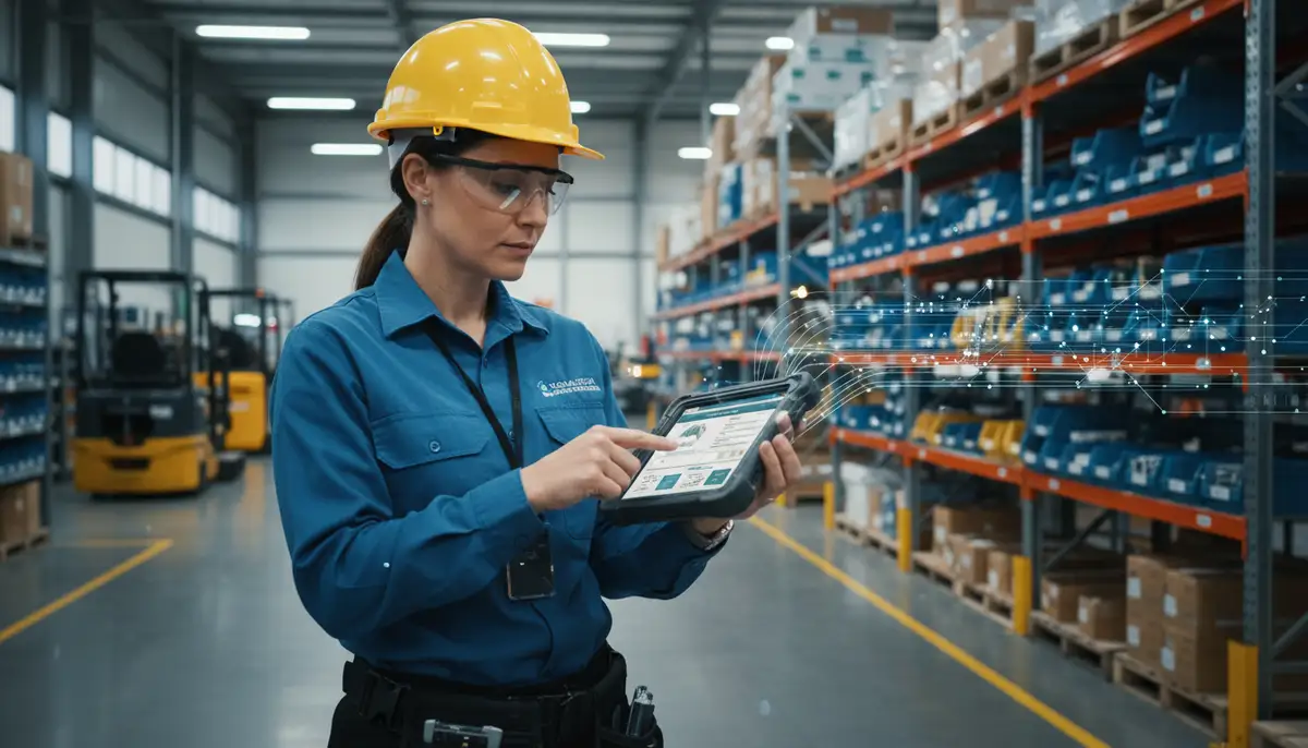 A factory floor manager using a mobile device to update inventory or production status in real-time, with shelves of components in the background.