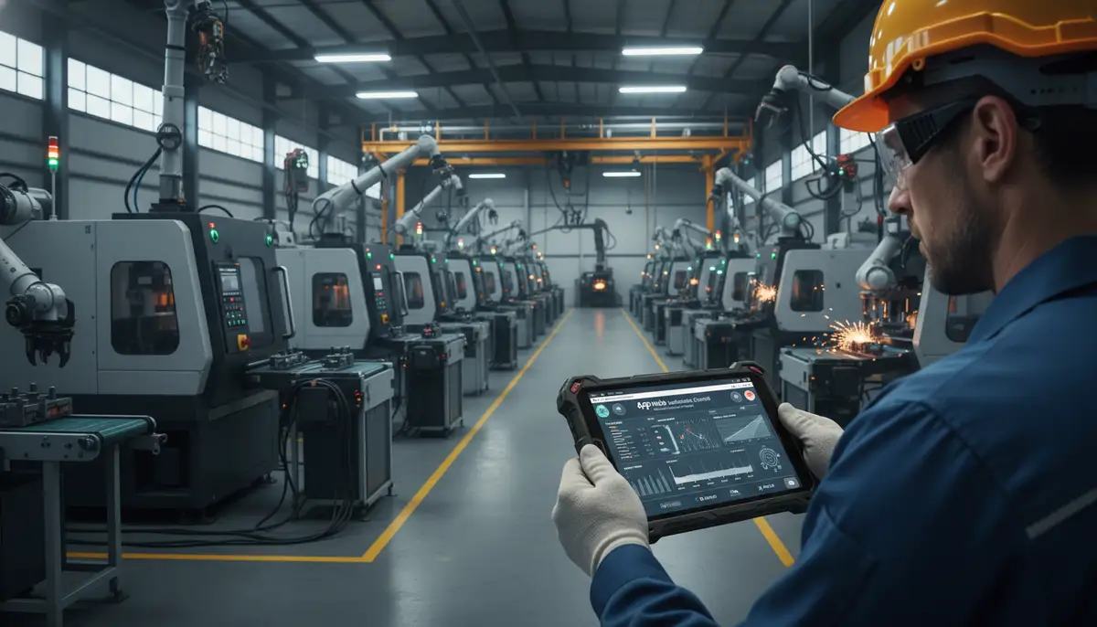 A factory floor with a worker monitoring machinery using a ruggedized Android tablet displaying an AppHub interface for industrial control., high-quality photography, professional lighting, sharp focus, realistic, detailed