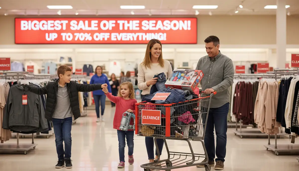A family enjoying a shopping trip at JCPenney, pushing a cart filled with discounted items, with a 'Sale' sign in the background., high-quality photography, professional lighting, sharp focus, realistic, detailed