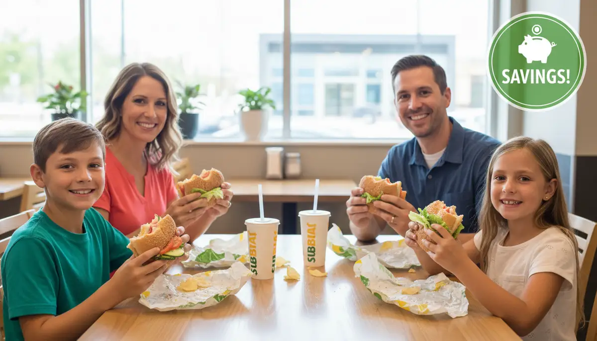 A family enjoying Subway sandwiches at a clean, brightly lit table, with a 'savings' graphic subtly overlaid., high-quality photography, professional lighting, sharp focus, realistic, detailed