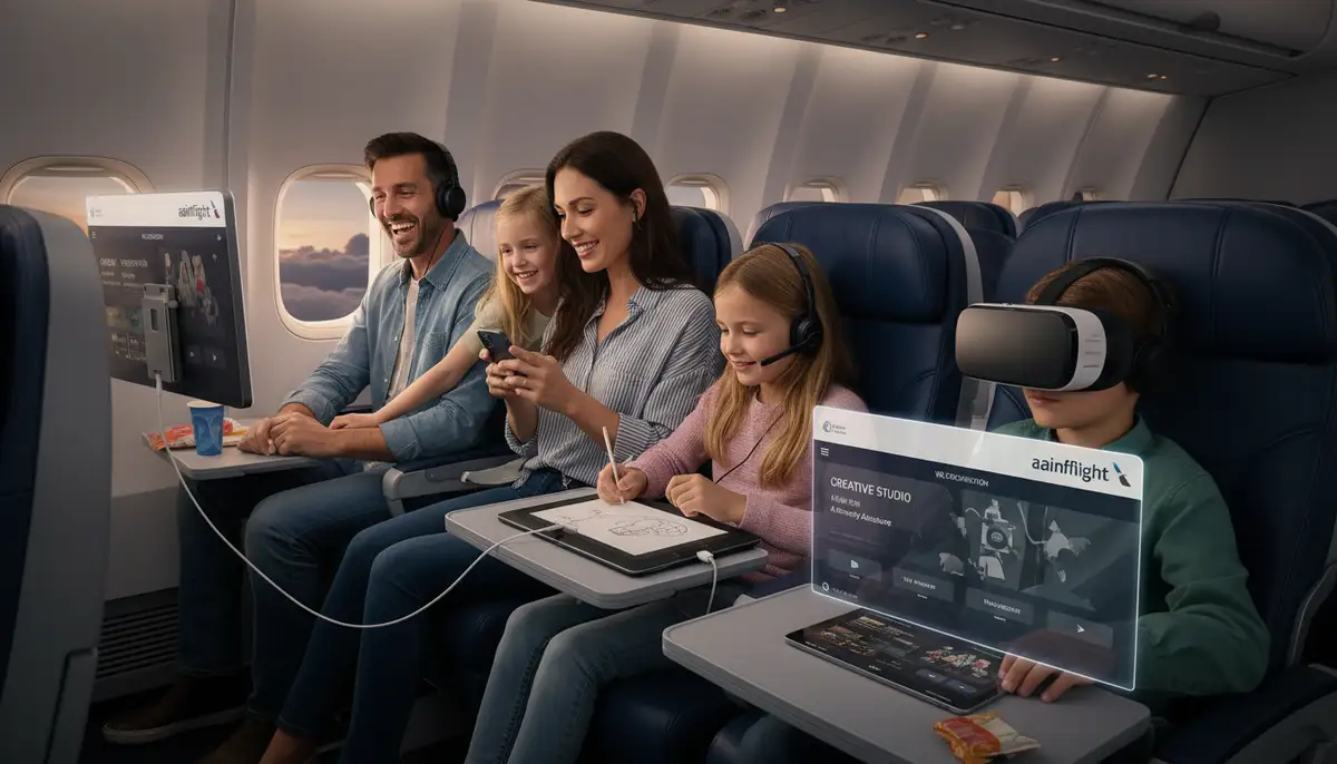 A family enjoying various entertainment options on different devices, all connected via the aainflight app on an American Airlines flight., high-quality photography, professional lighting, sharp focus, realistic, detailed