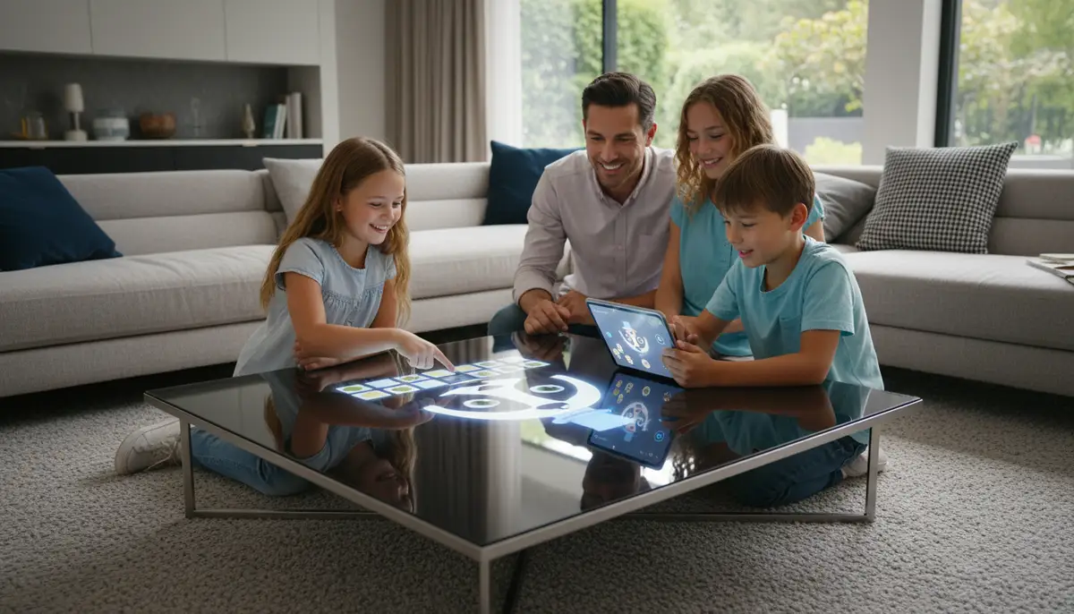 A family happily interacting with a virtual character projected onto a table, controlled by a tablet running the Amazon Glow app, set in a modern living room., high-quality photography, professional lighting, sharp focus, realistic, detailed