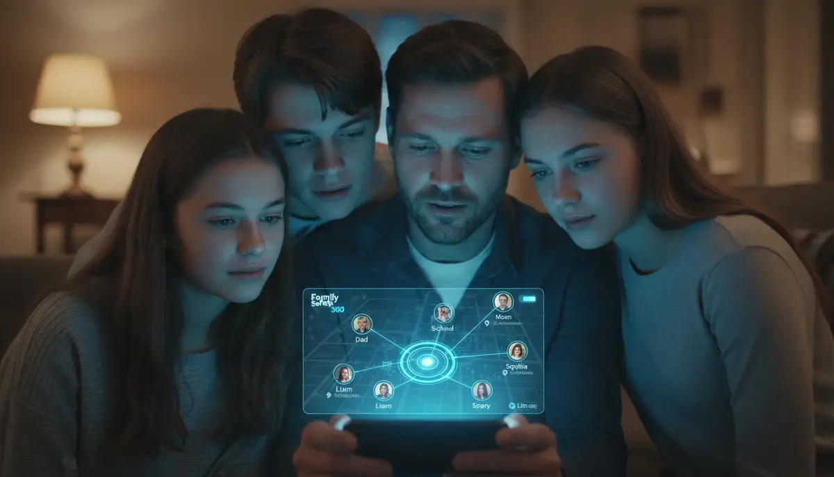 A family looking at a smartphone screen showing a map with their locations, representing a family safety 360 app., high-quality photography, professional lighting, sharp focus, realistic, detailed