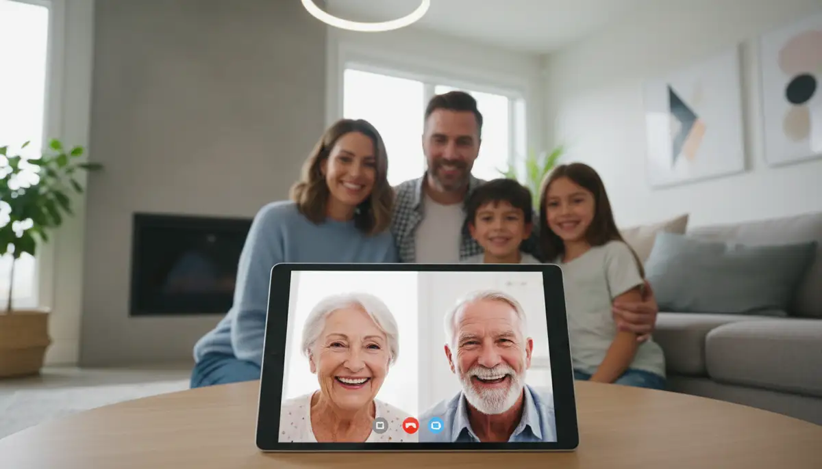 A family on a video call using an Android tablet, the screen showing clear, vibrant faces, in a modern home setting., high-quality photography, professional lighting, sharp focus, realistic, detailed