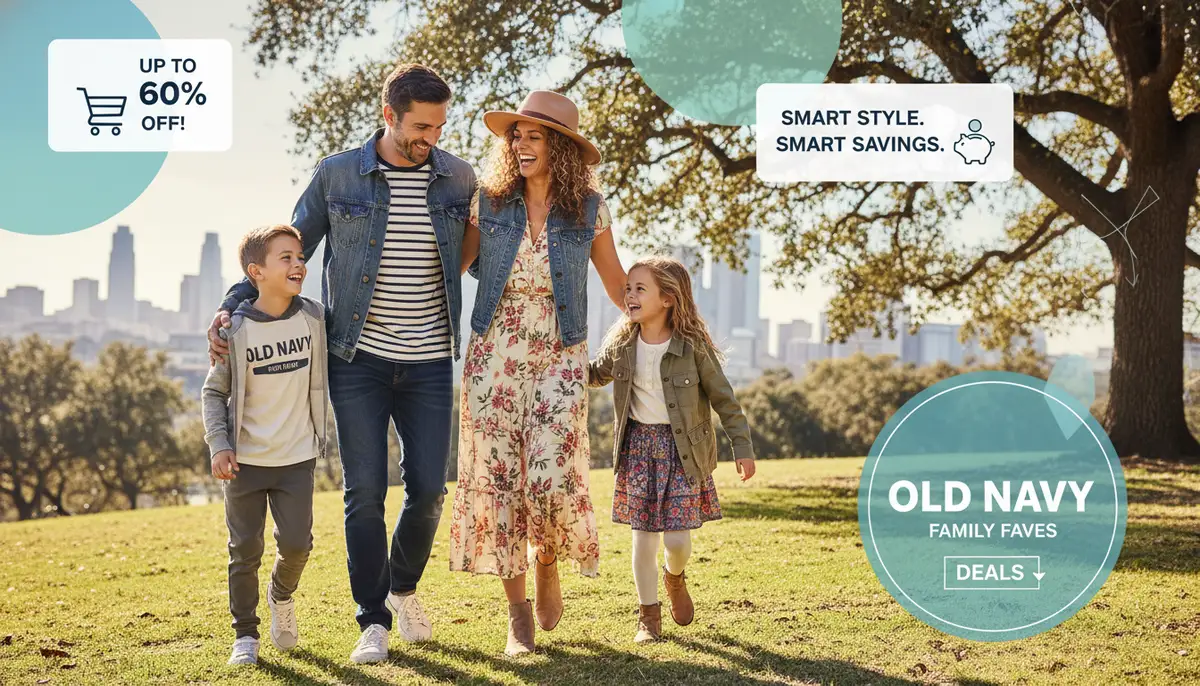 A family (parents and two children) wearing stylish Old Navy clothing, smiling and posing in a park, with subtle graphic overlays indicating savings and smart shopping., high-quality photography, professional lighting, sharp focus, realistic, detailed