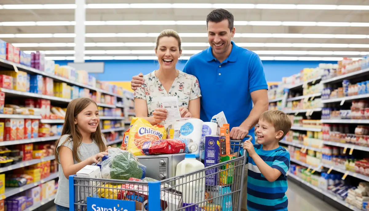 A family pushing a shopping cart filled with groceries and household items through a Walmart aisle, smiling at their savings., high-quality photography, professional lighting, sharp focus, realistic, detailed