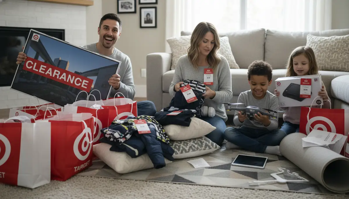 A family unpacking their Target shopping bags, revealing various discounted items like electronics, clothing, and home goods. They look satisfied with their savings., high-quality photography, professional lighting, sharp focus, realistic, detailed