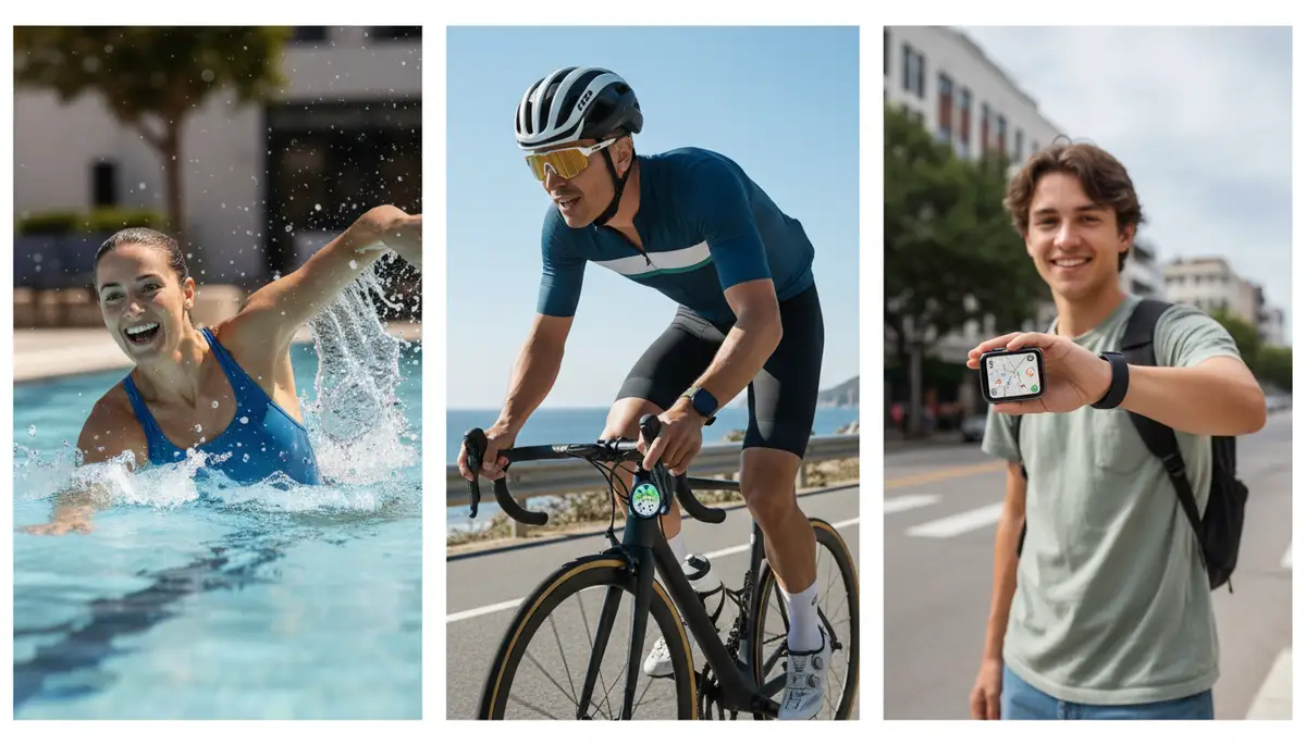 A family using different Apple Watch models for various activities: one swimming, one cycling, and one checking directions, illustrating versatility and integration into daily life., high-quality photography, professional lighting, sharp focus, realistic, detailed