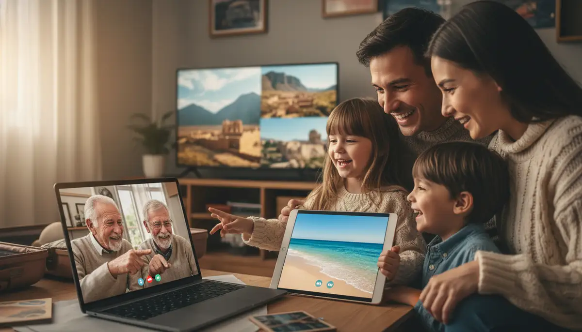 A family video calling with grandparents, sharing a live feed of travel photos from their vacation, showing connection and joy., high-quality photography, professional lighting, sharp focus, realistic, detailed
