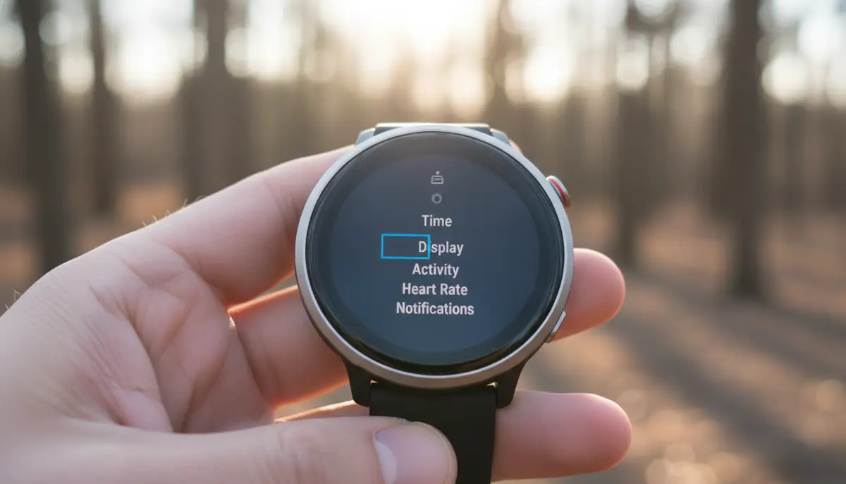 A Fitbit Versa or Sense smartwatch displaying its settings menu with the 'Time' option highlighted, against a blurred background., high-quality photography, professional lighting, sharp focus, realistic, detailed