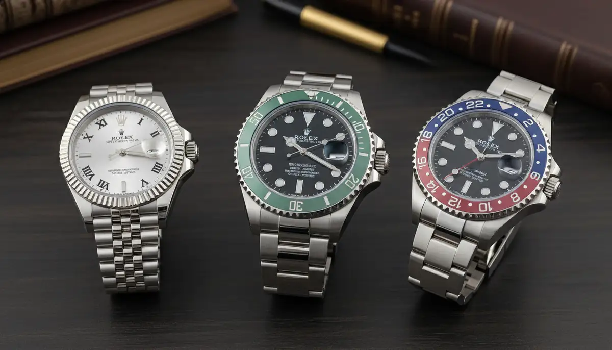 A flat lay image showcasing a Rolex Submariner, a Rolex Datejust, and a Rolex GMT-Master II arranged elegantly on a dark wooden surface, highlighting their distinct features., high-quality photography, professional lighting, sharp focus, realistic, detailed
