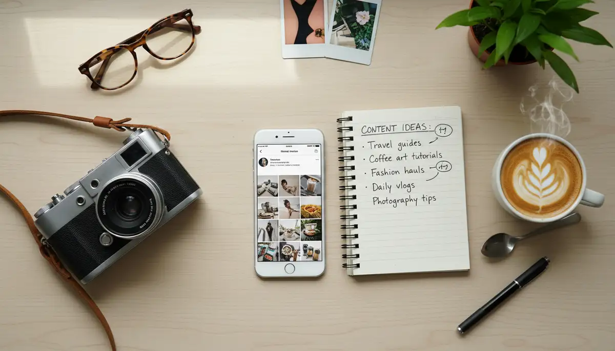 A flat lay of creative tools: a smartphone displaying Instagram, a notebook with content ideas, a camera, and a cup of coffee, symbolizing the process of content creation for an Instagram blog., high-quality photography, professional lighting, sharp focus, realistic, detailed