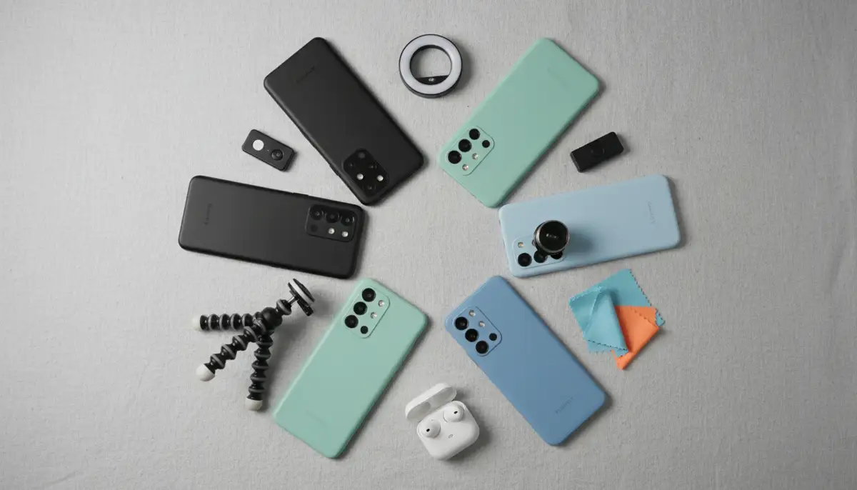 A flat lay of various budget Android phones, each highlighting its camera module, surrounded by small photography accessories like a mini tripod and a clip-on lens., high-quality photography, professional lighting, sharp focus, realistic, detailed
