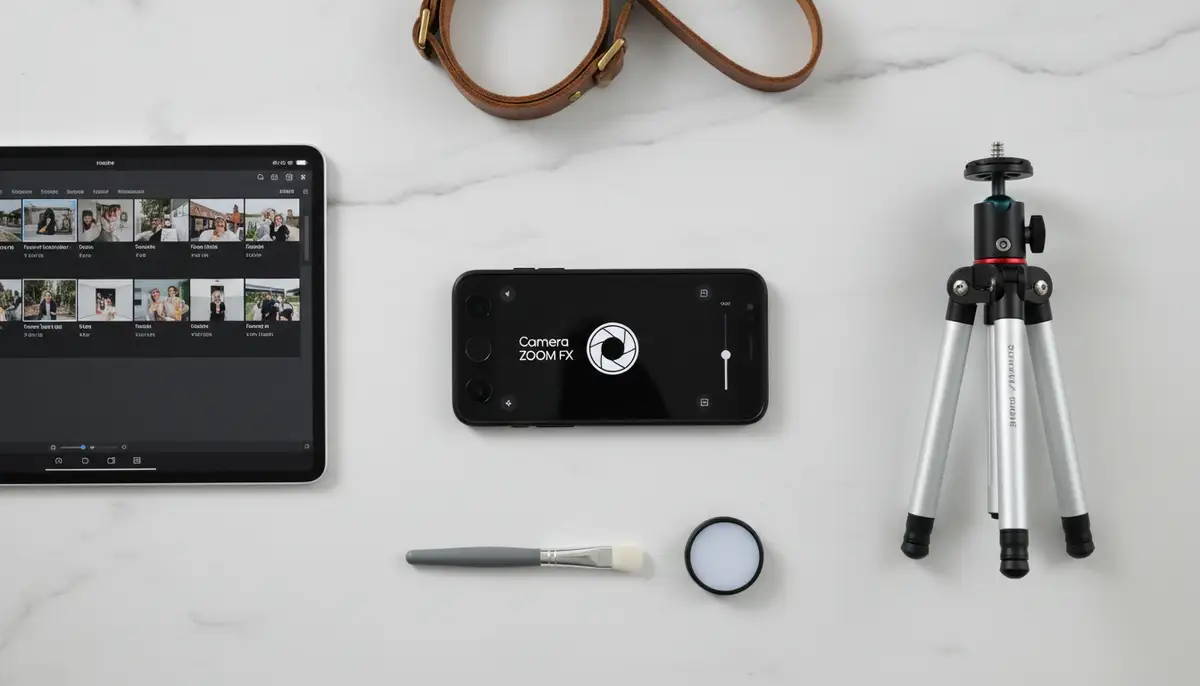 A flat lay of various photography tools: a smartphone with Camera ZOOM FX open, a tablet, and a small tripod, against a clean, modern background., high-quality photography, professional lighting, sharp focus, realistic, detailed