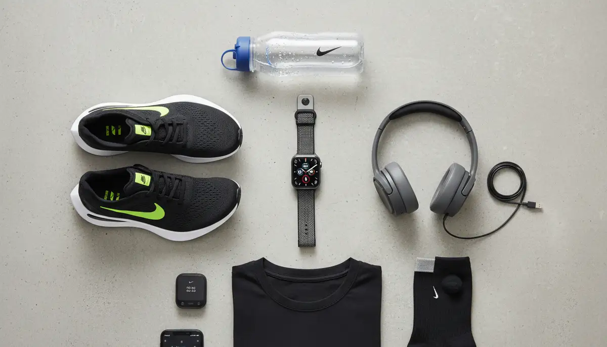 A flat lay photo of the Apple Watch Nike alongside running shoes, a water bottle, and a pair of headphones, highlighting its integration into a runner's lifestyle., high-quality photography, professional lighting, sharp focus, realistic, detailed