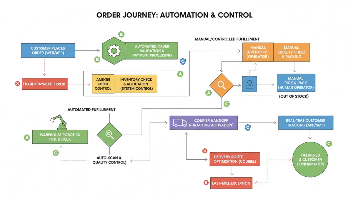 A flowchart illustrating the complex journey of an order from placement to delivery, highlighting points of automation and control, simple graphics.