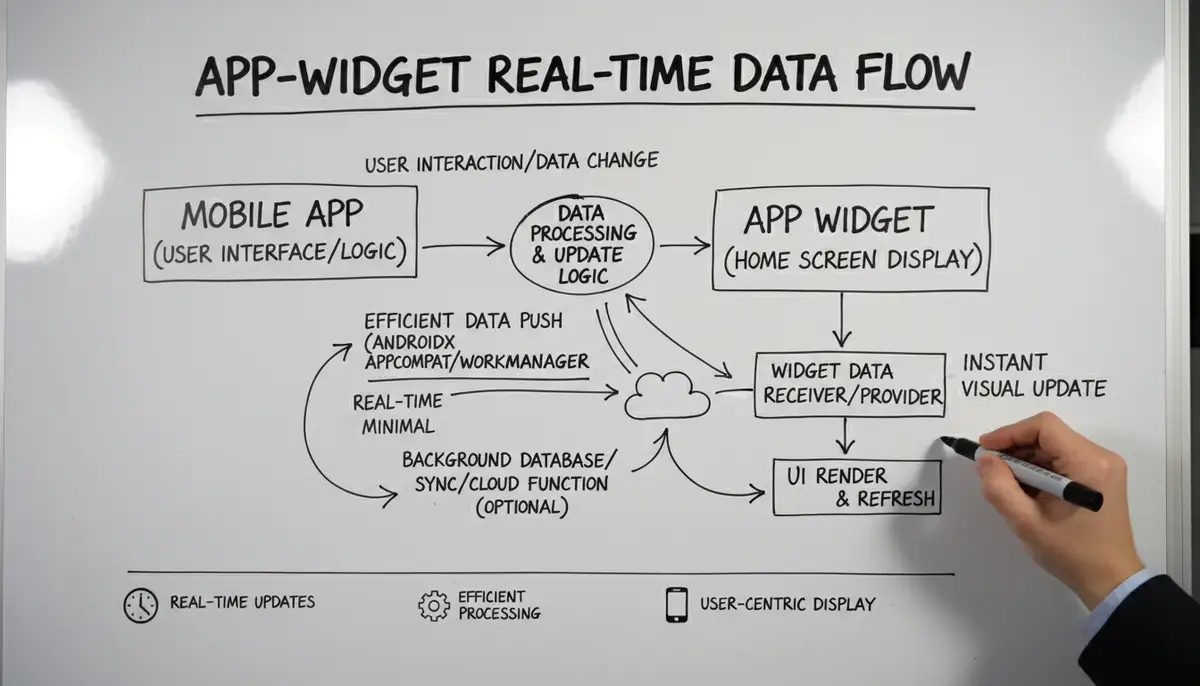 A flowchart illustrating the data flow from an app to an app widget, emphasizing efficiency and real-time updates., high-quality photography, professional lighting, sharp focus, realistic, detailed