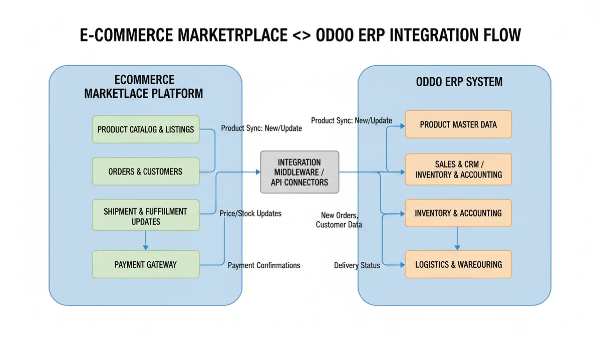 A flowchart illustrating the integration points between an ecommerce marketplace platform and an ERP system like Odoo, with arrows indicating data flow.