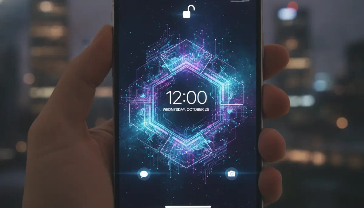 A futuristic, AI-generated wallpaper featuring glowing geometric patterns, seamlessly integrated into an iPhone's lock screen with depth effect., high-quality photography, professional lighting, sharp focus, realistic, detailed