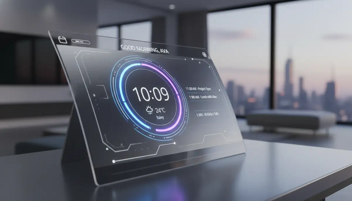 A futuristic, AI-powered Android clock widget concept showing dynamic information like weather, calendar events, and personalized greetings, integrated seamlessly into a sleek interface., high-quality photography, professional lighting, sharp focus, realistic, detailed