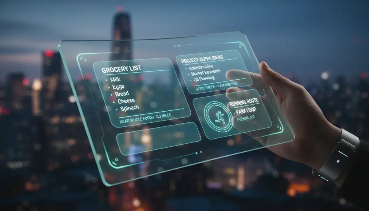 A futuristic Android home screen concept displaying AI-powered note widgets that dynamically change based on user context or location, perhaps suggesting a grocery list when near a supermarket., high-quality photography, professional lighting, sharp focus, realistic, detailed